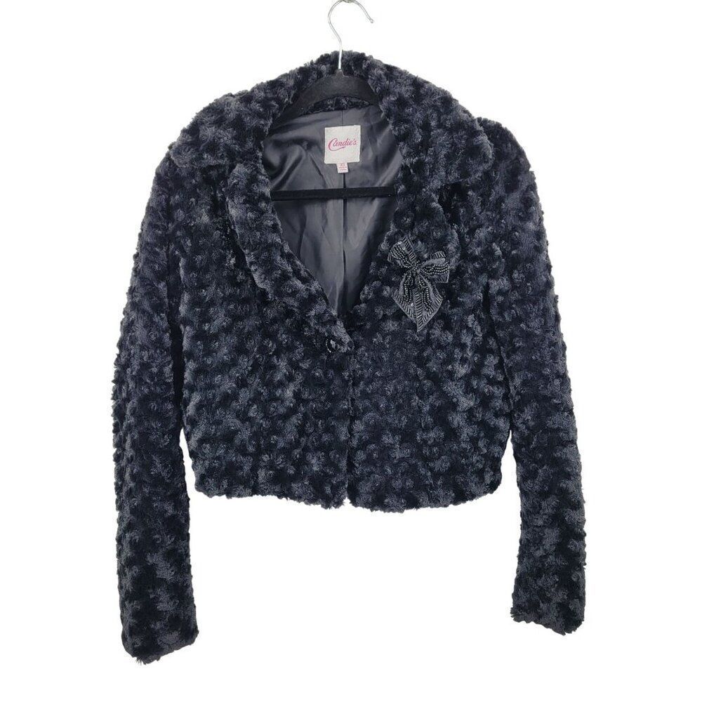 Candies XS Vegan Faux Fur Black Formal Cropped Jacket Bolero Evening‎ Pockets